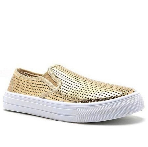 Qupid Reba gold perforated slip on sneakers - Picture 1 of 9